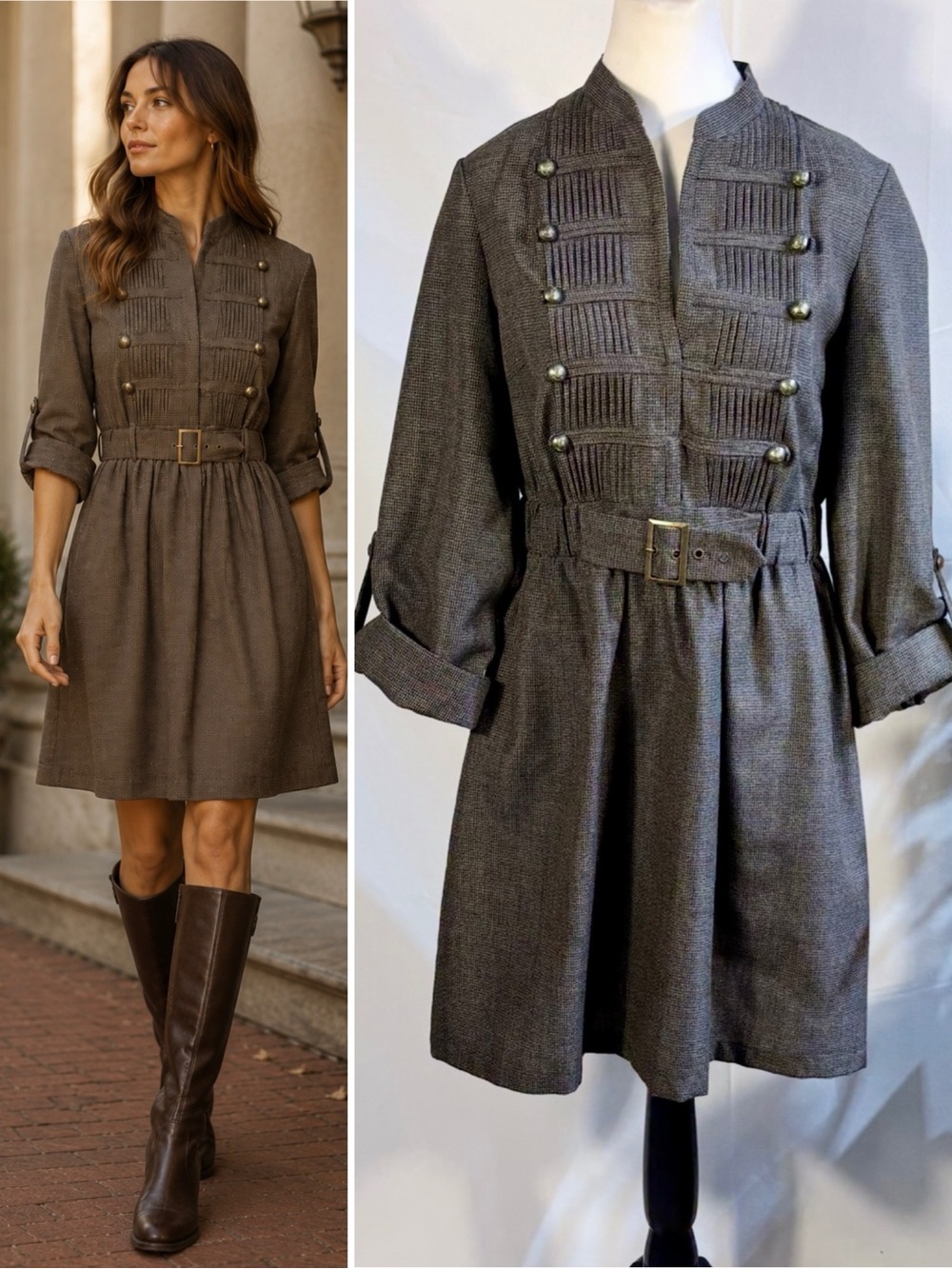 💥Uncle Frank Military-Inspired Belted Micro Check Dress Brown Houndstooth~M🧡